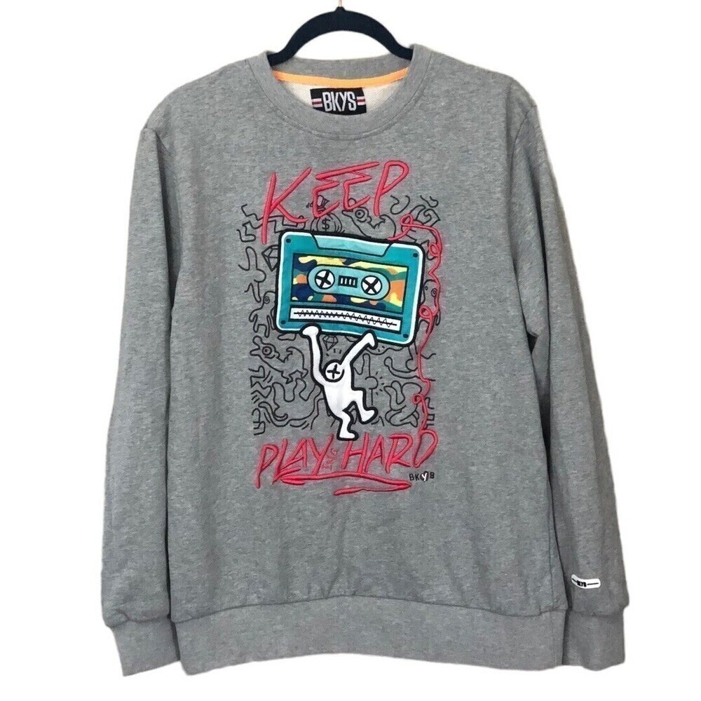 BKYS Men's M Playing Hard Gray Sweatshirt Pullover Crewneck 100% Cotton Retro
